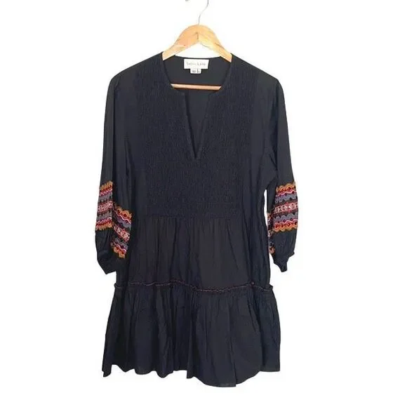 Sachin & Babi Black Coco Embroidered Boho Tiered Dress Size Large